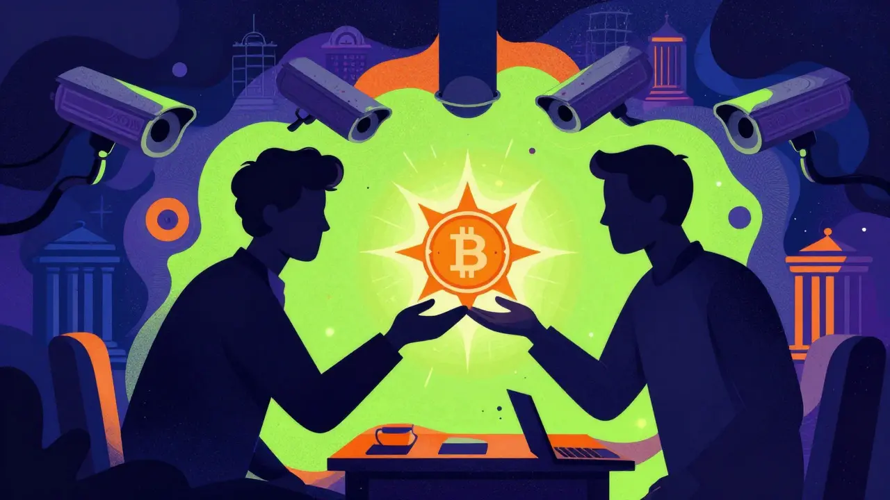 Retro illustration of secretive underground crypto trading under surveillance.