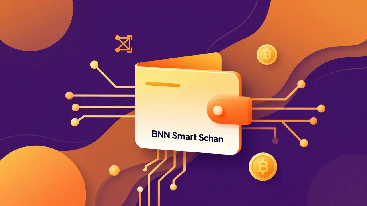 Retro-style art showing a digital wallet surrounded by blockchain circuits and tokens.