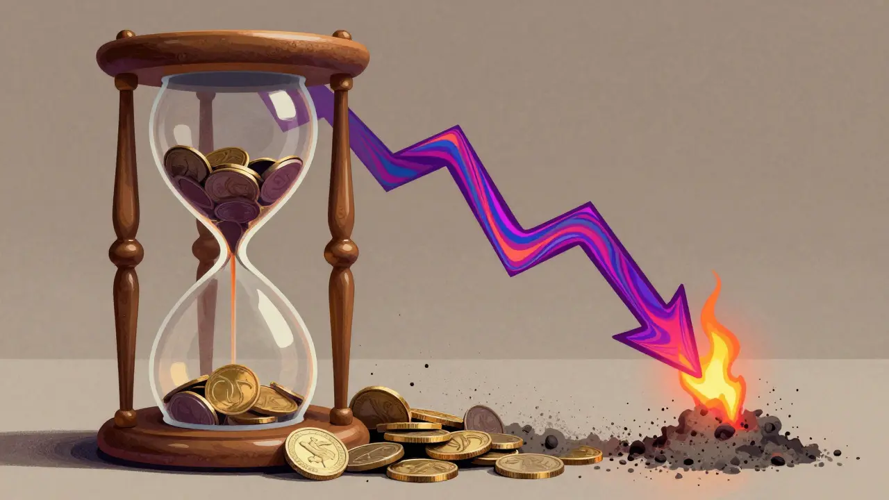 Retro-style art showing burning coins and market decline