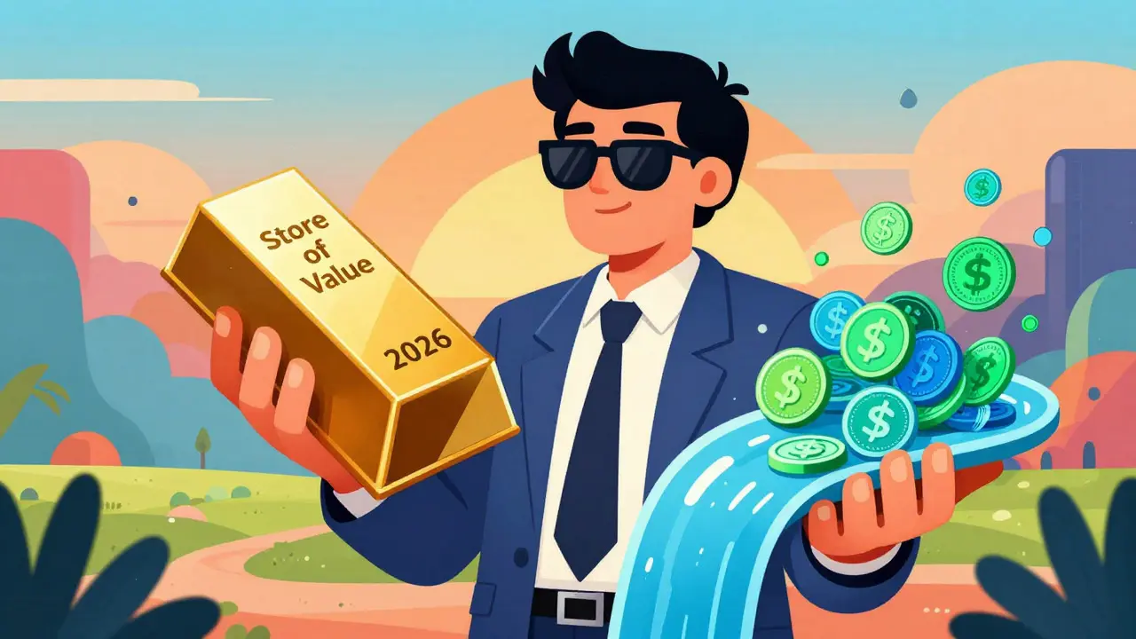 Retro-style investor holding a gold bar and a stream of colorful utility tokens.