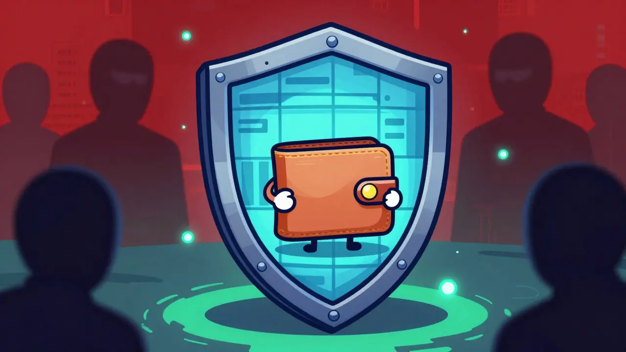 Shield protecting a crypto wallet from shadowy scam figures