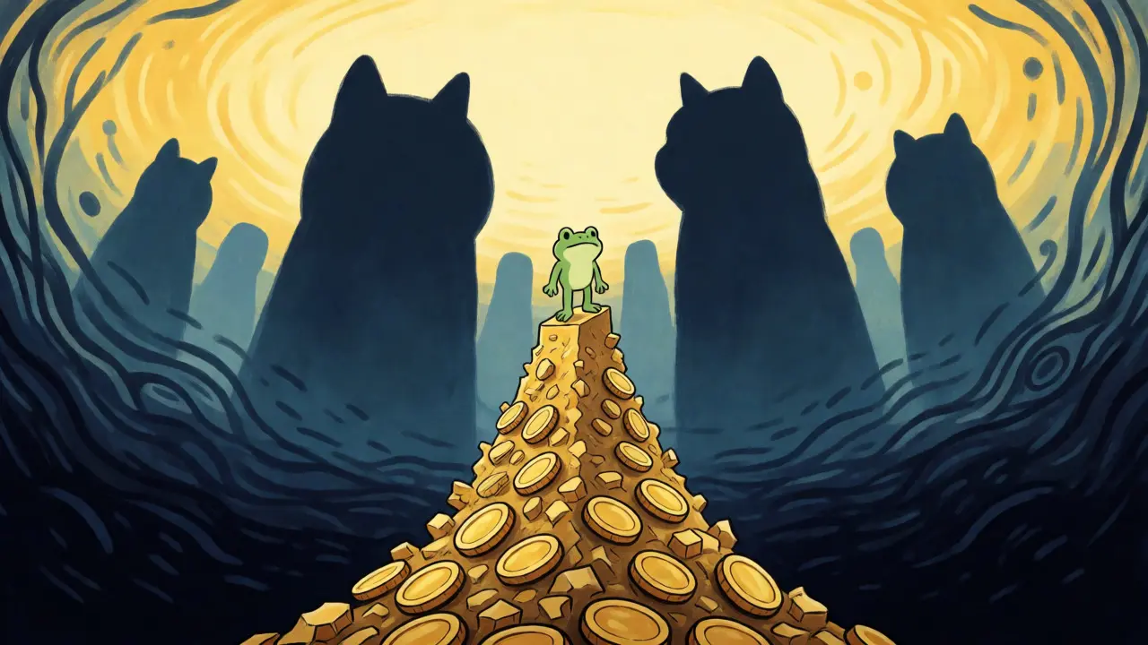 Small frog on a coin peak overlooking a dark abyss with giant crypto shadows in the background.