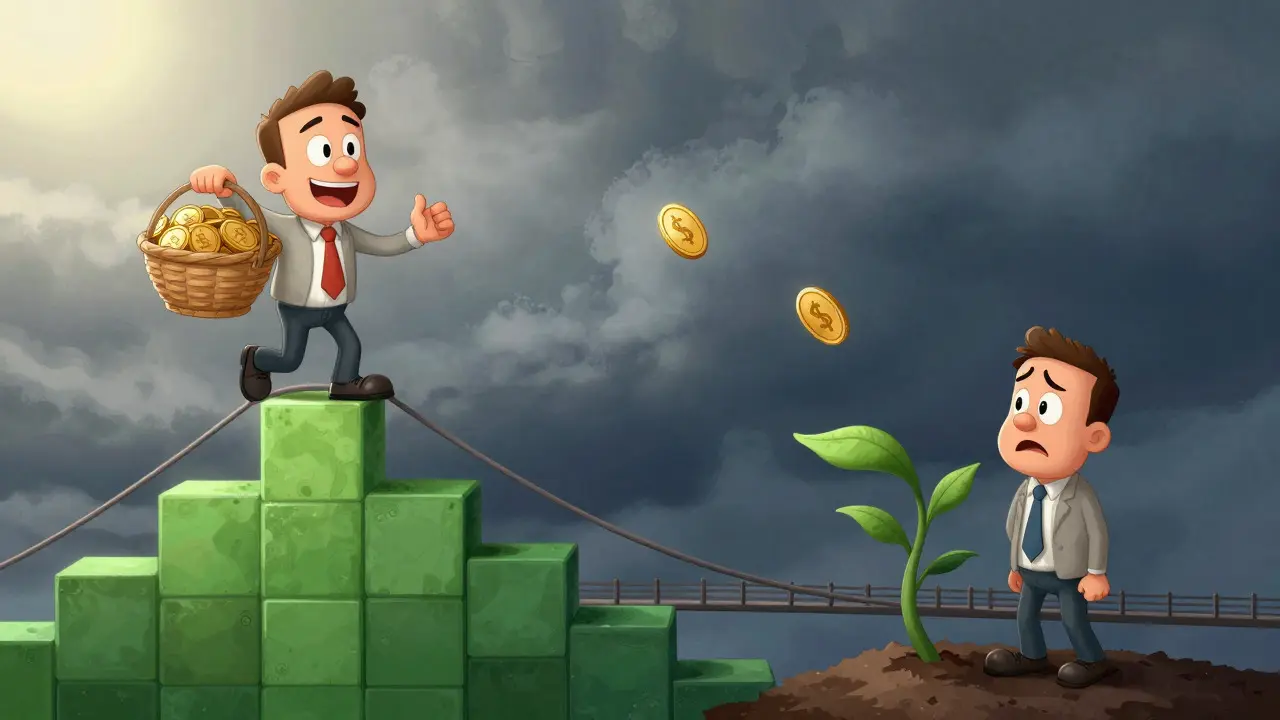 Split scene showing happy investor with gains vs worried investor with losses