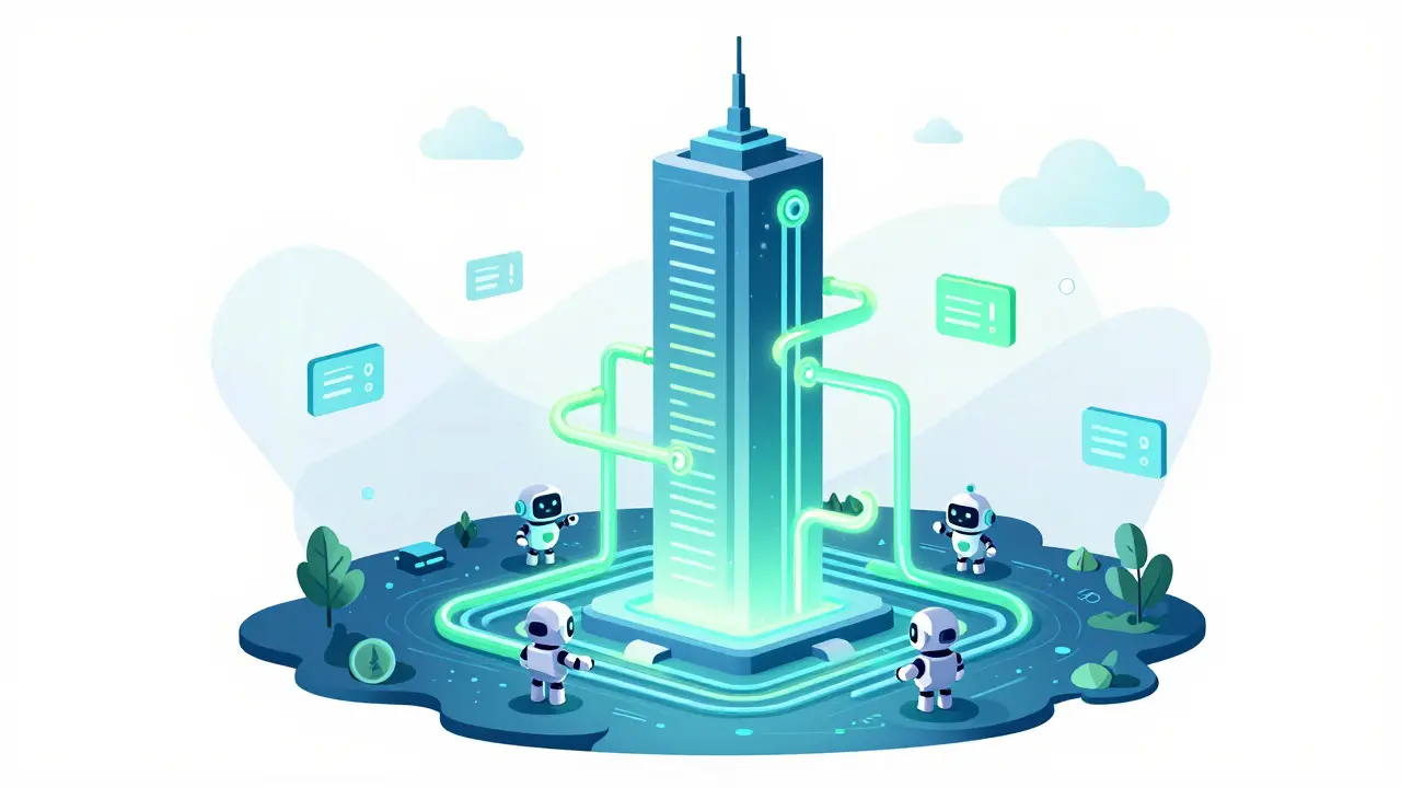 Stylized drawing of a futuristic tower with smooth data flow for Layer 2