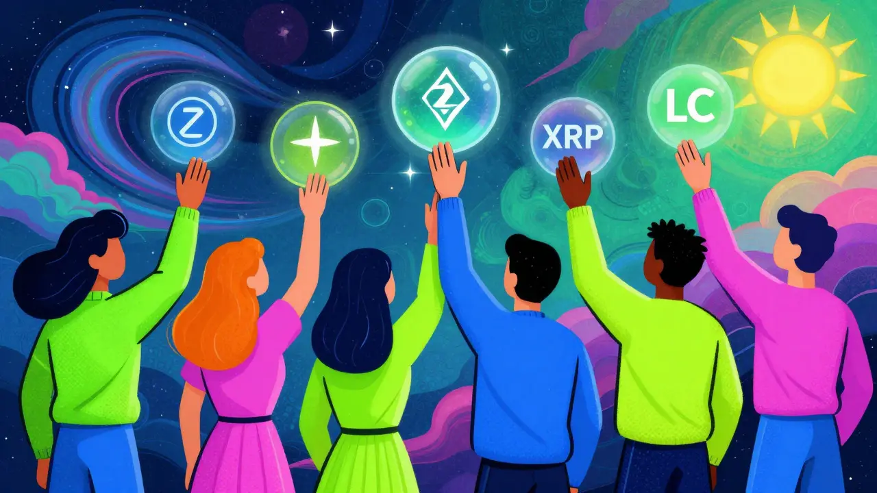 Stylized traders interacting with floating cryptocurrency orbs in vibrant colors