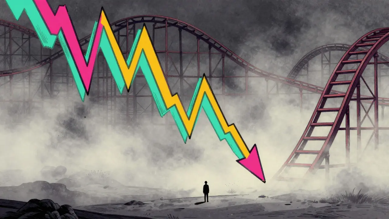 Surreal illustration of a steep, colorful rollercoaster track plunging down into mist.