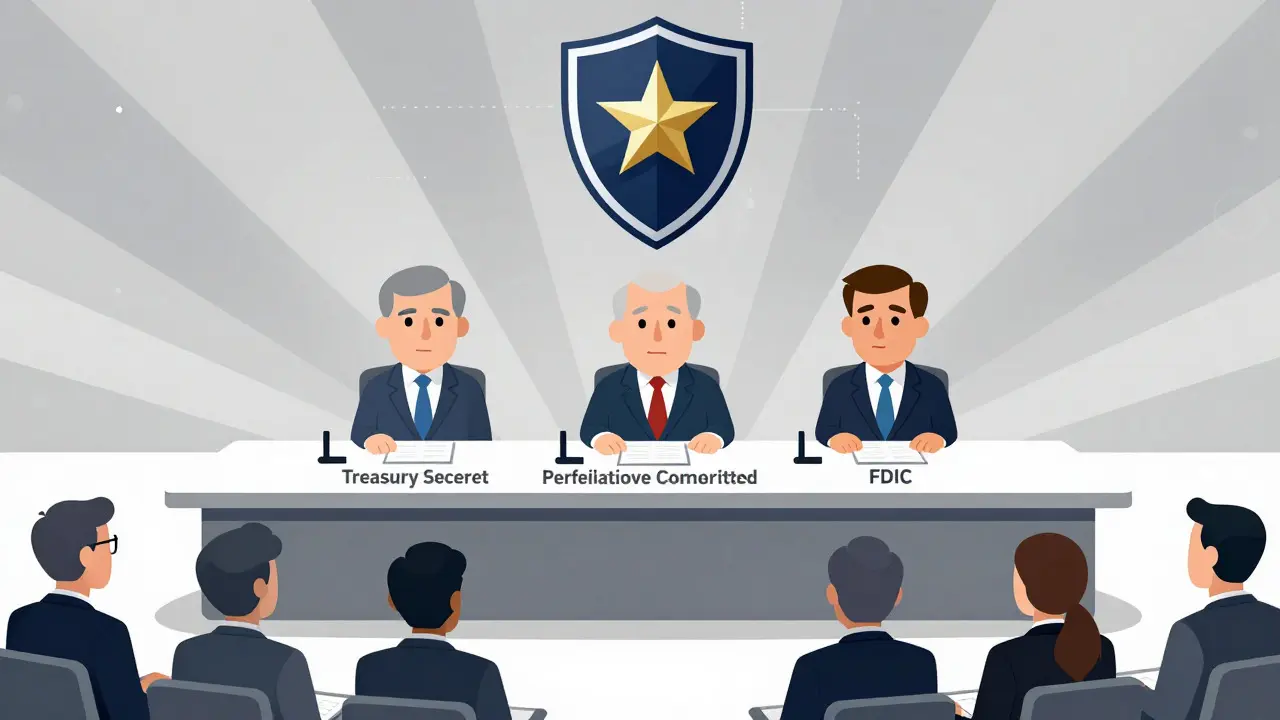 Three regulators overseeing a table with financial institutions in a cartoon style
