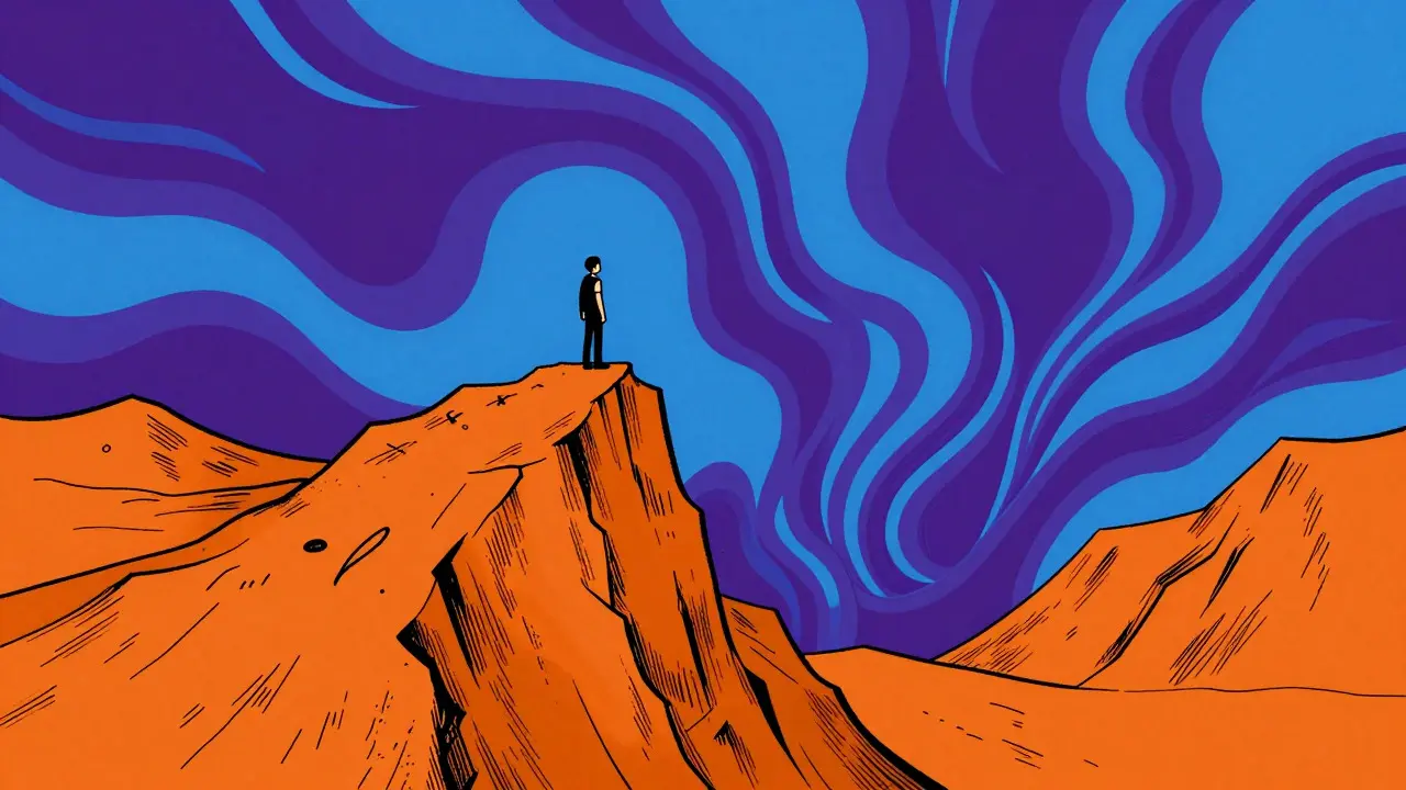 Tiny figure on jagged peak over colorful abyss