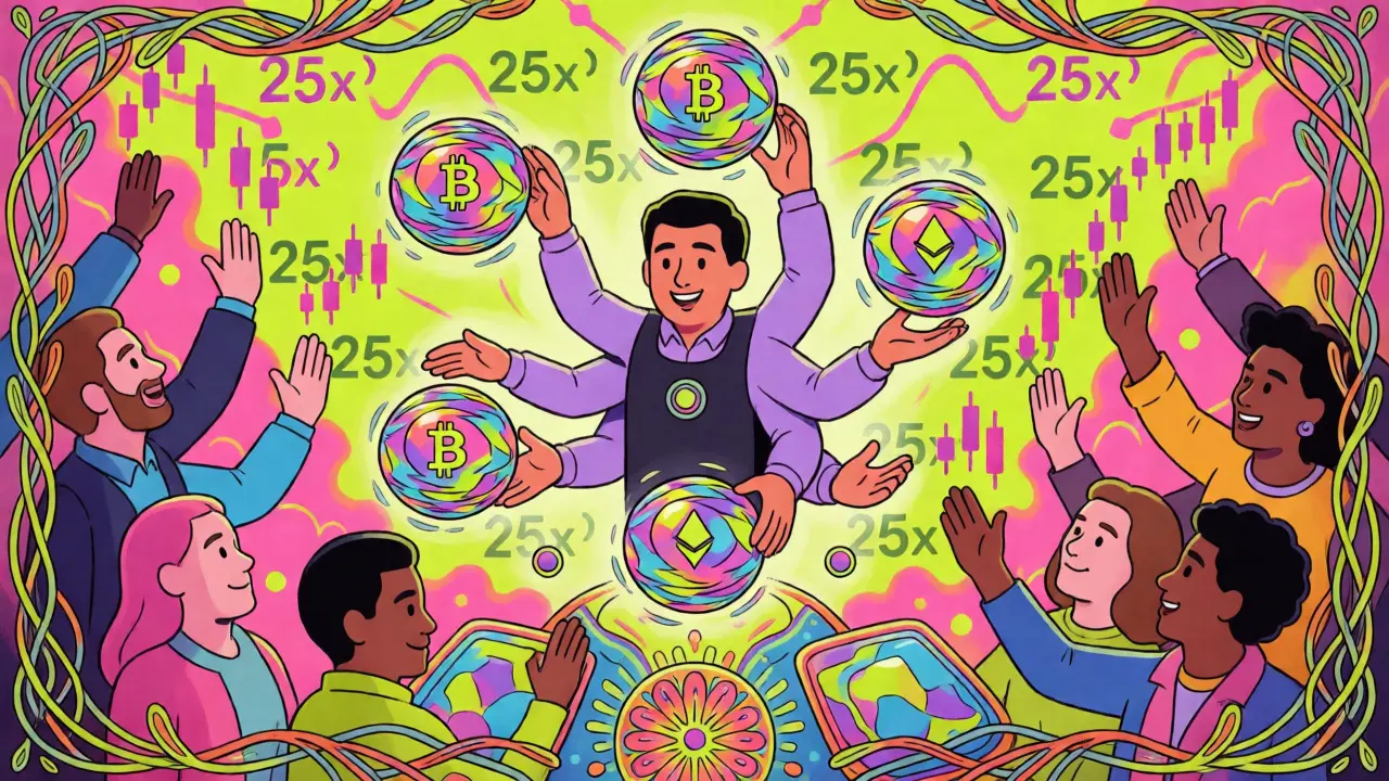 Trader managing floating crypto spheres surrounded by voting community members