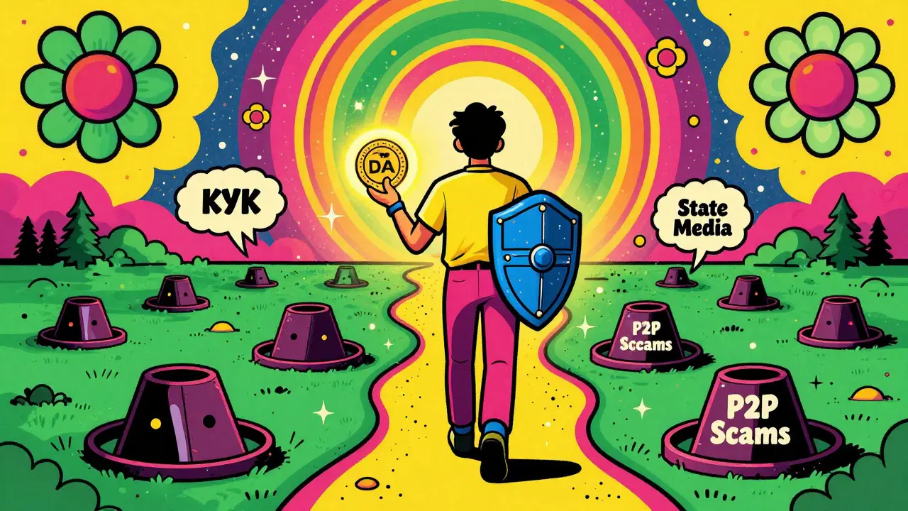 Trippy art of a user holding a hardware wallet, avoiding scams and KYC traps.