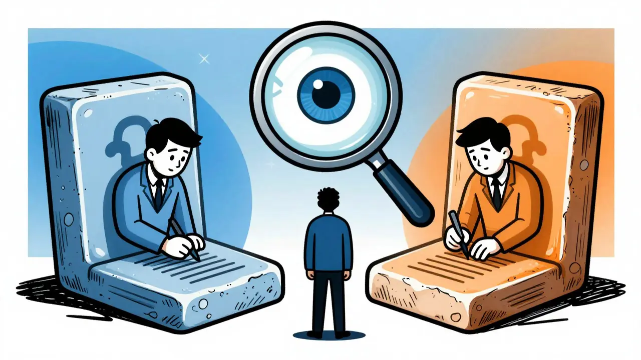 Two validator clones signing conflicting blocks under the watchful eye of a giant magnifying glass