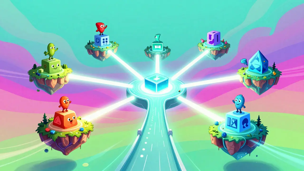 Vibrant cartoon art of direct light beams connecting blockchain islands, representing seamless interoperability.