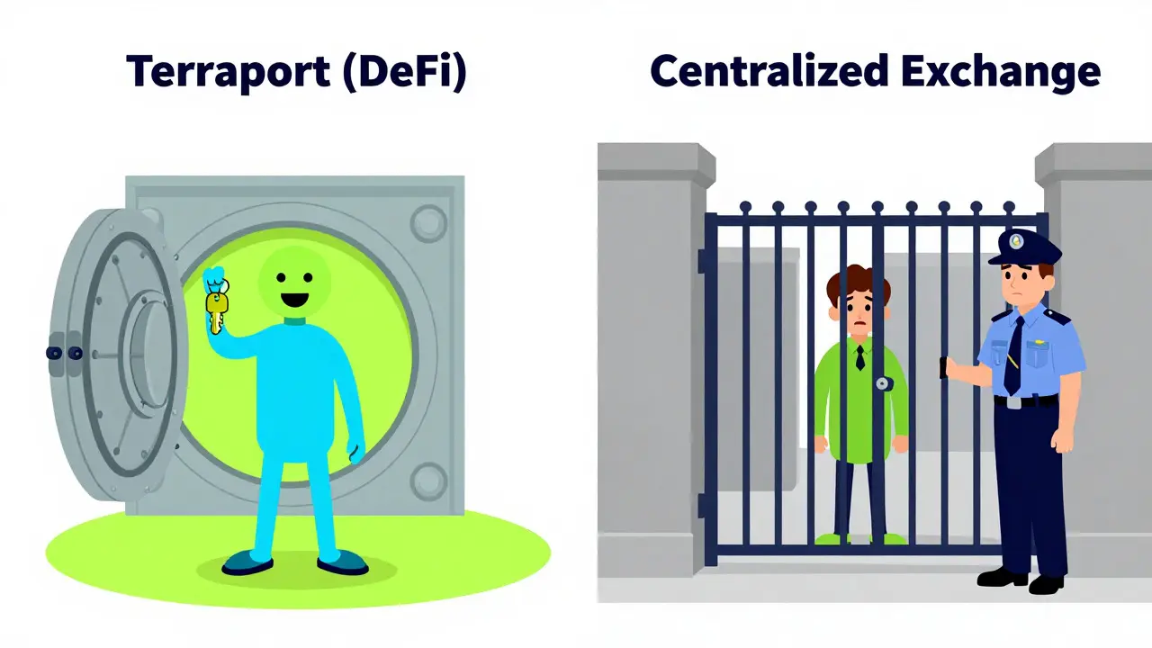 Wes Anderson style cartoon comparing DeFi vs Centralized Exchange custody