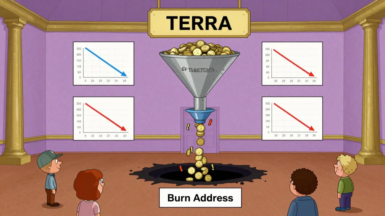 Wes Anderson style cartoon illustrating TERRA token burn mechanism and deflation