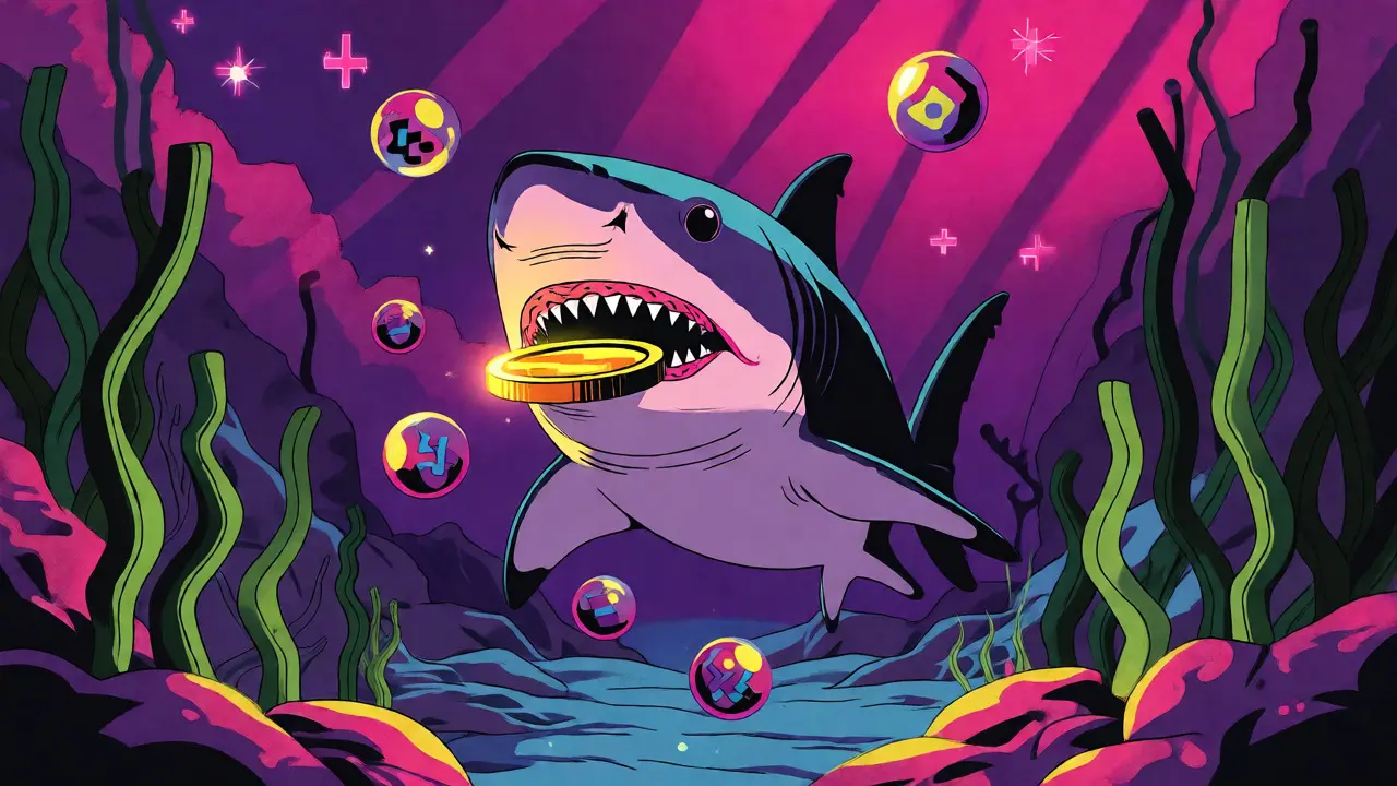 A cartoon shark holding a coin amidst colorful abstract crypto symbols