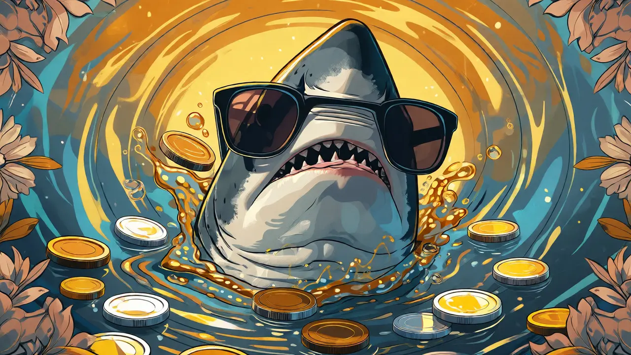 A cool cartoon shark diving into a pool of liquid gold coins