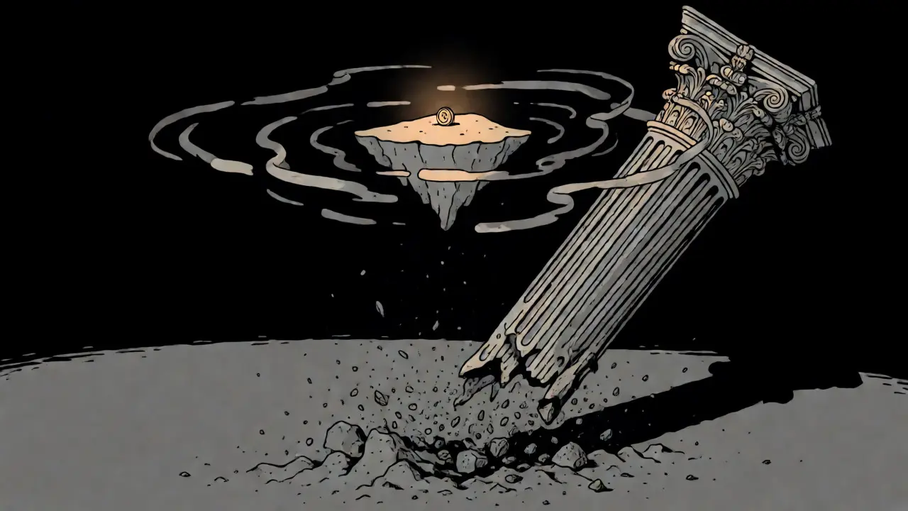 Abstract art showing a crumbling pillar and isolated coin in darkness.