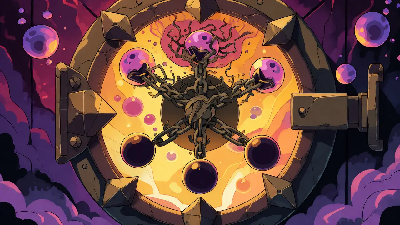 Abstract art showing locked crypto tokens in a glowing crystalline vault