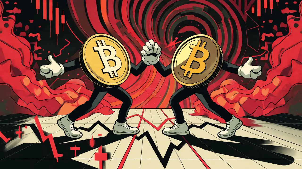 Abstract cartoon of synchronized crypto characters dancing on crashing price lines, depicting market correlation during a crash.