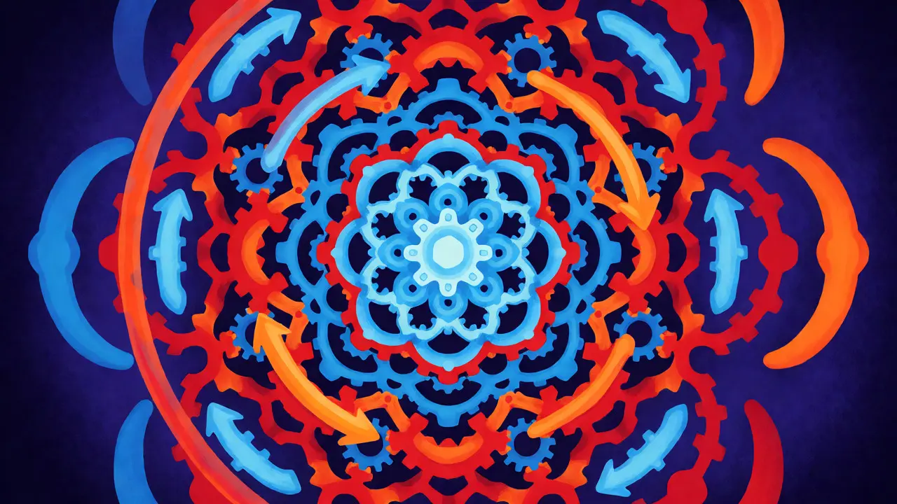 Abstract mandala representing the cyclic difficulty adjustment mechanism.