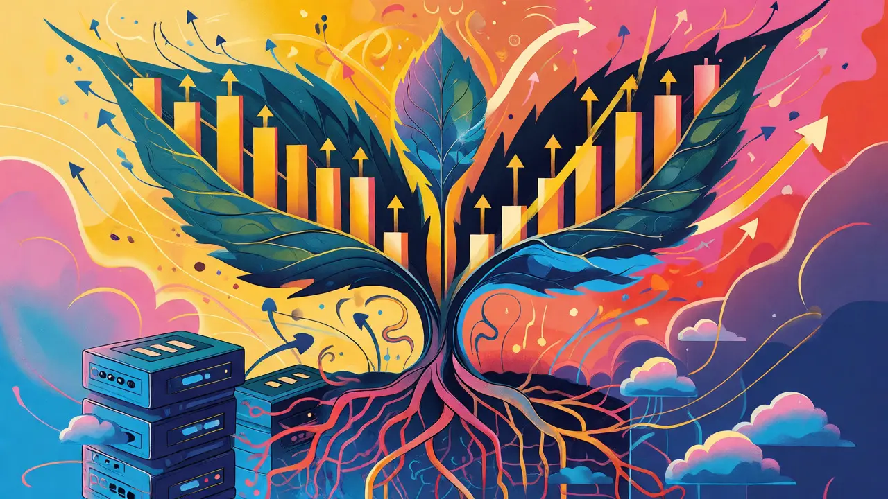Abstract Wes Wilson art showing a growing plant made of financial charts and server infrastructure.