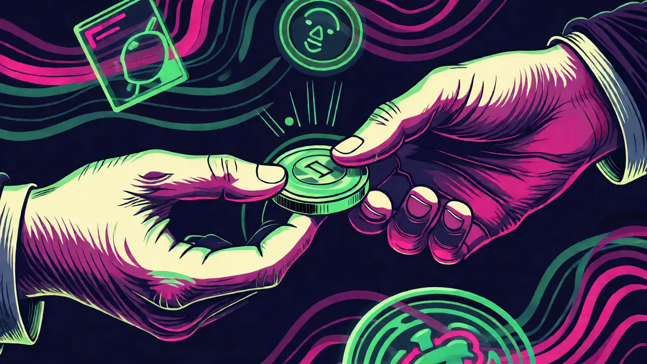 Abstract Wes Wilson style art showing two hands exchanging a glowing token amidst data streams.