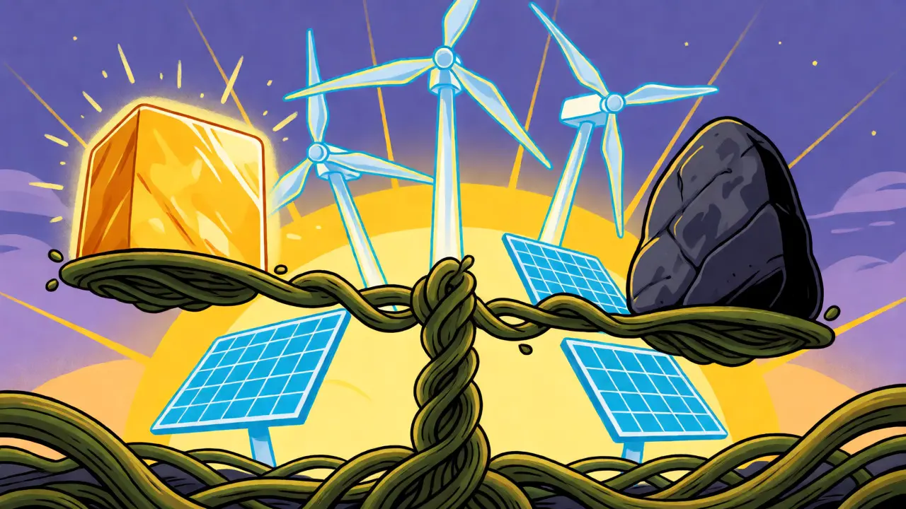 Balance scale comparing mining types with renewable energy sources