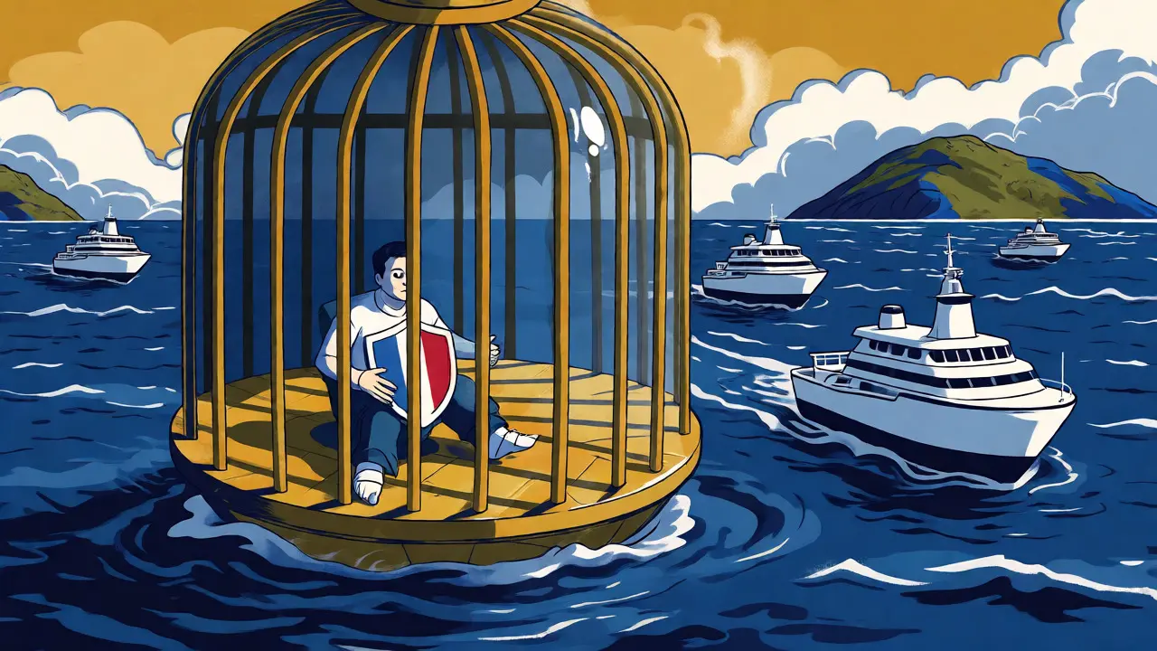 Cartoon depiction of a crypto firm trapped in a golden cage, separated from open EU market ships.