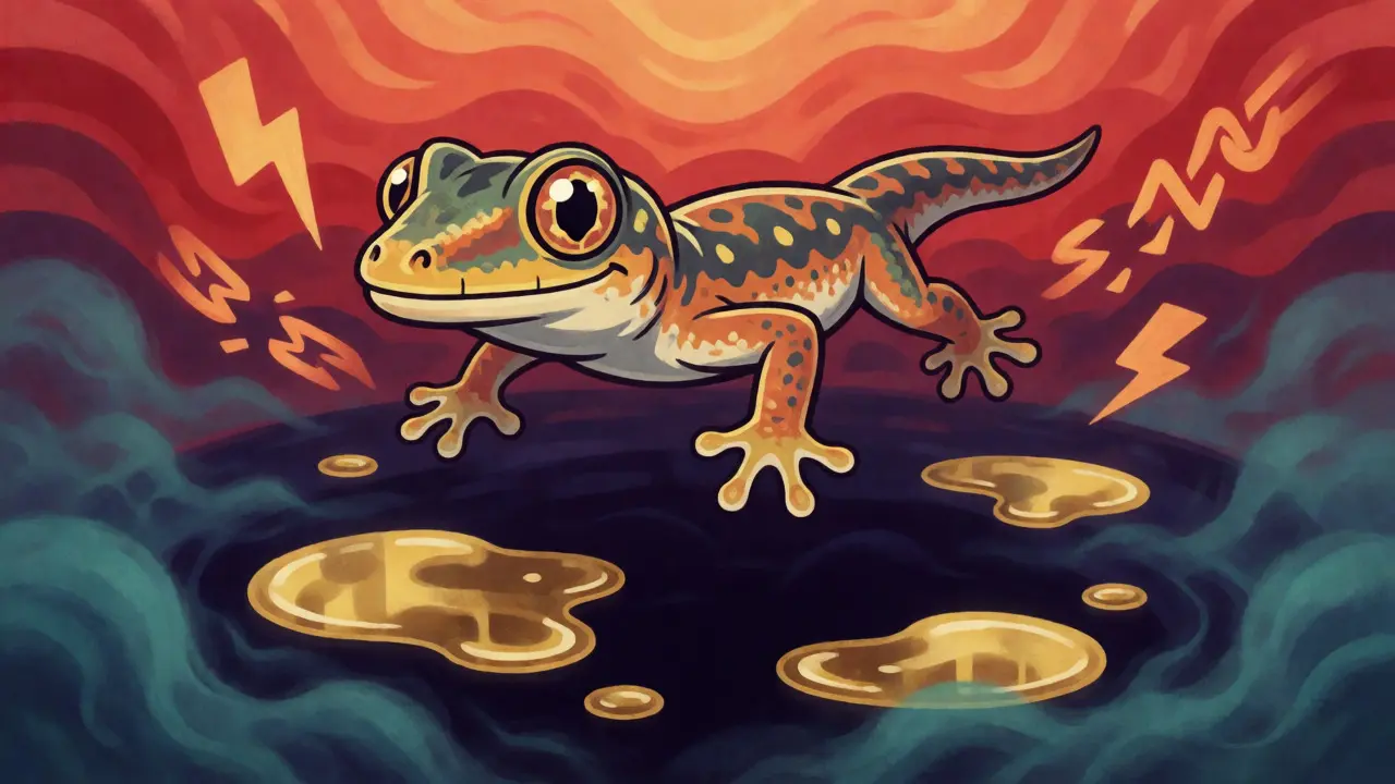 Cartoon gecko floating over draining gold pools in a colorful, tense psychedelic scene.