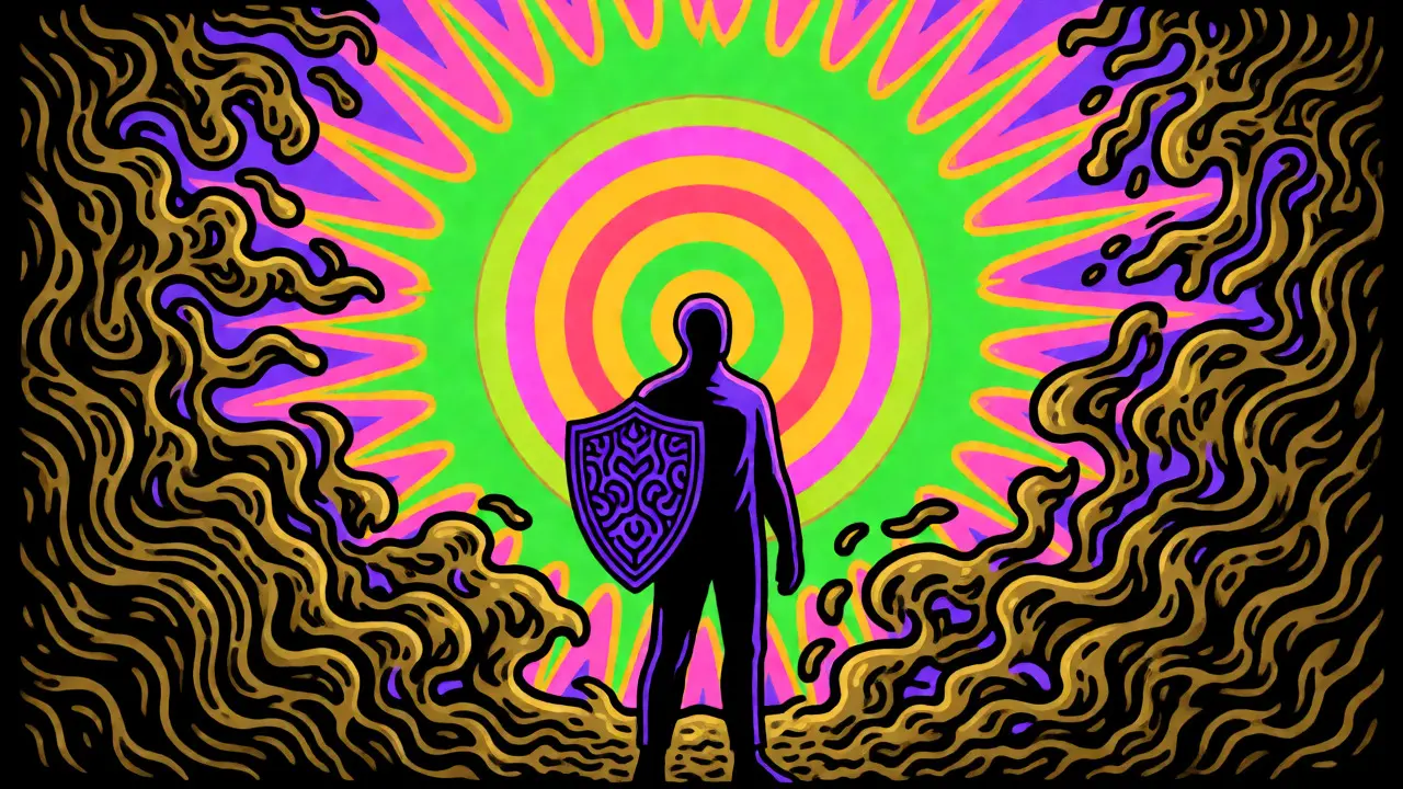 Figure facing a radiant sunburst surrounded by chaotic swirls