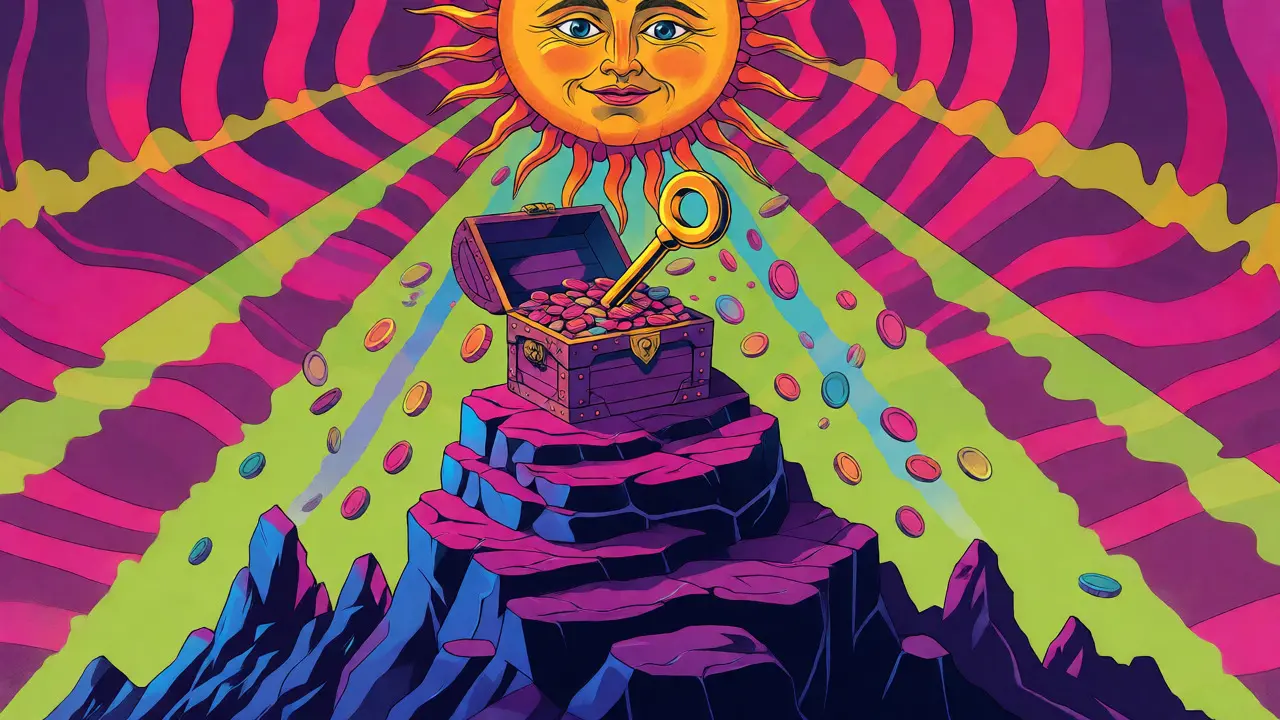 Golden key unlocking a treasure chest of coins under a psychedelic sun