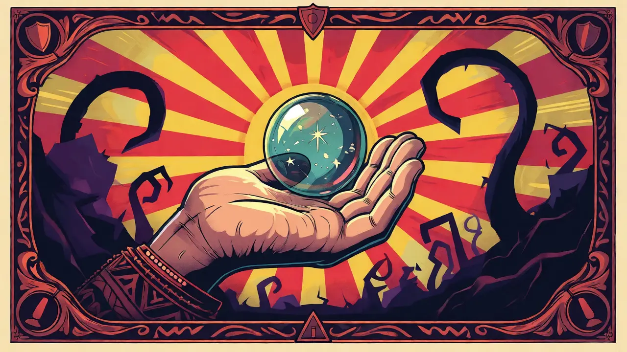 Hand holding a seed phrase orb surrounded by shadowy phishing threats