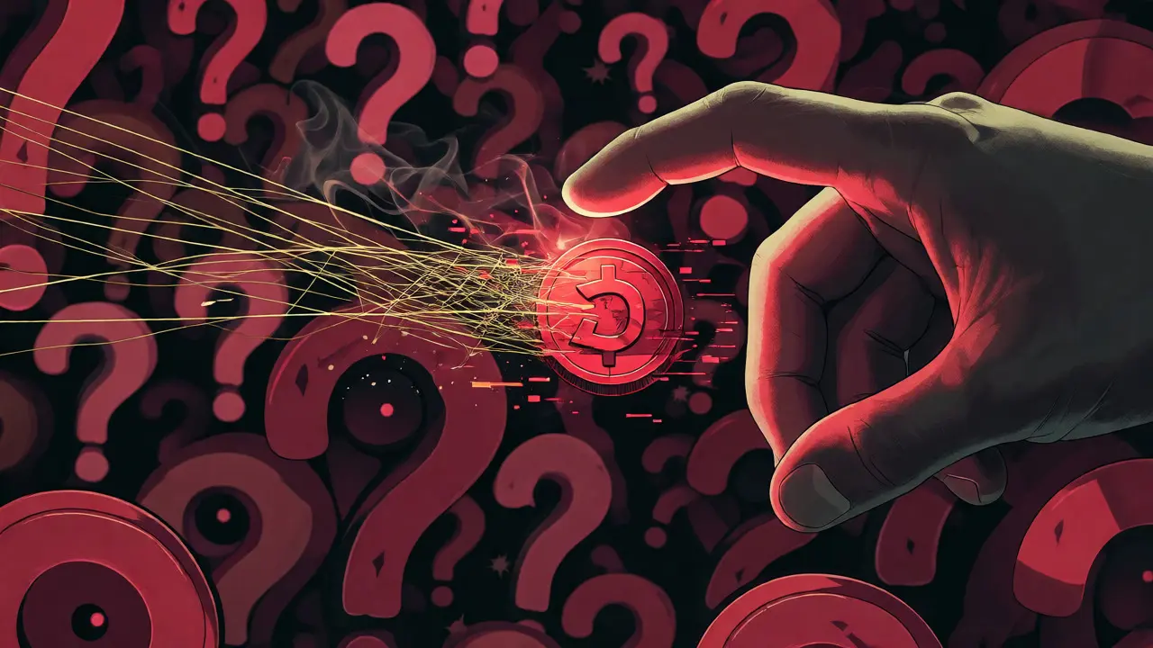 Hand reaching for a dissolving red coin entangled in fraying golden threads.