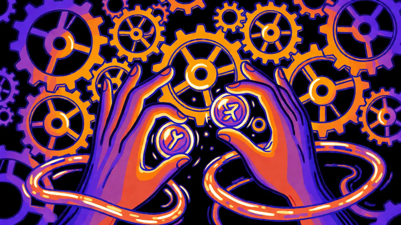 Hands grasping glowing tokens amidst swirling digital networks