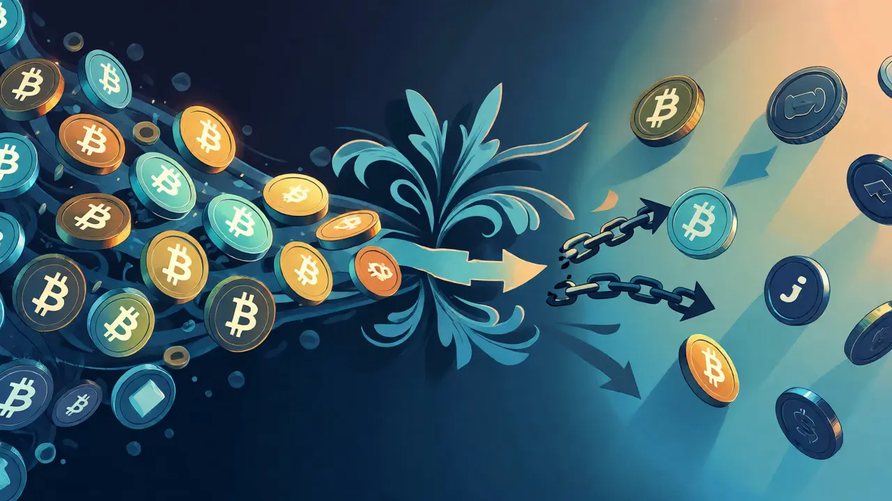 Illustration contrasting tightly bound crypto tokens with independent floating assets like bonds, representing true diversification.