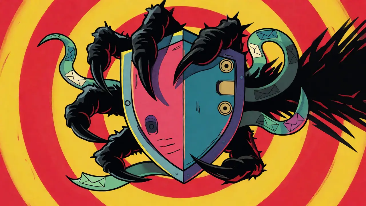 Illustration of a hardware wallet acting as a shield against jagged, snake-like digital threats in a vibrant style.