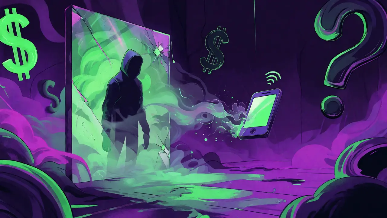 Illustration of a shadowy figure behind glass with a floating phone, symbolizing low transparency and liquidity.