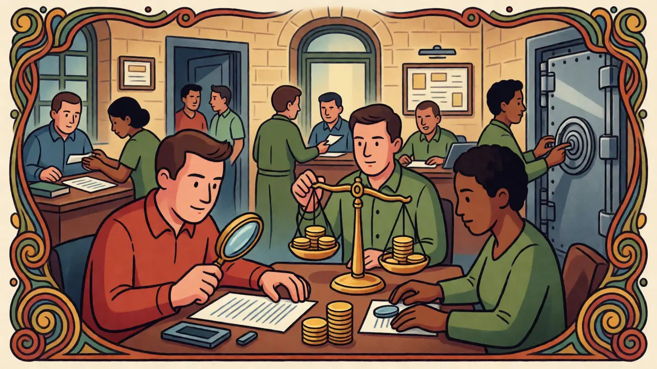 Illustration of business figures conducting compliance checks and securing assets in a Maltese office.