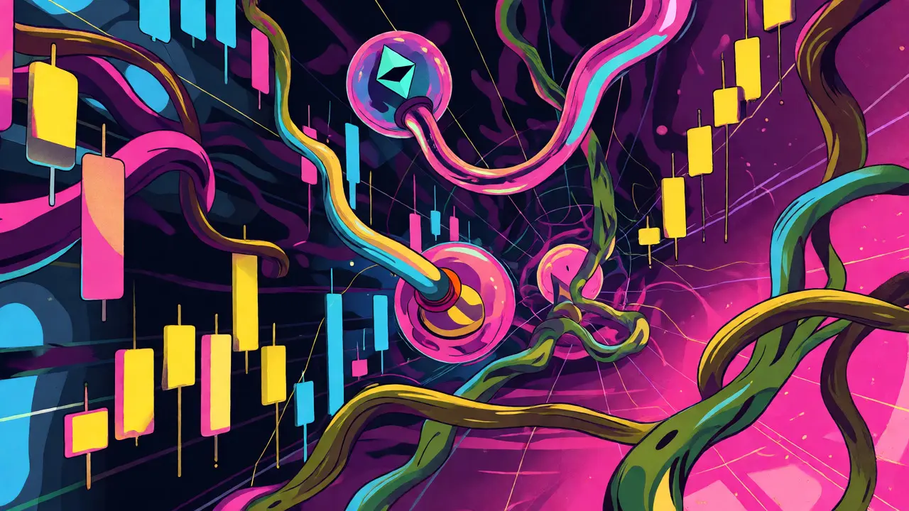 Kaleidoscopic view of trading charts morphing into vines with floating network orbs