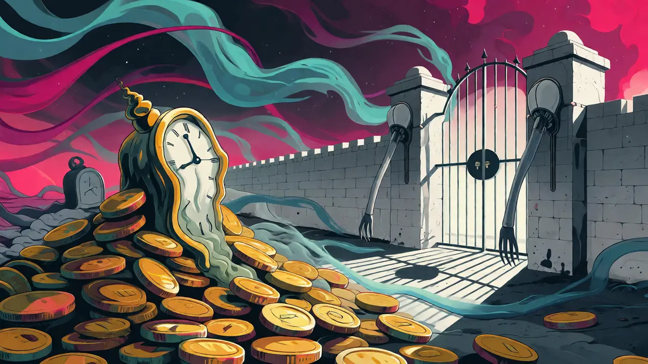 Melting coins piled before a locked gate guarded by robotic figures