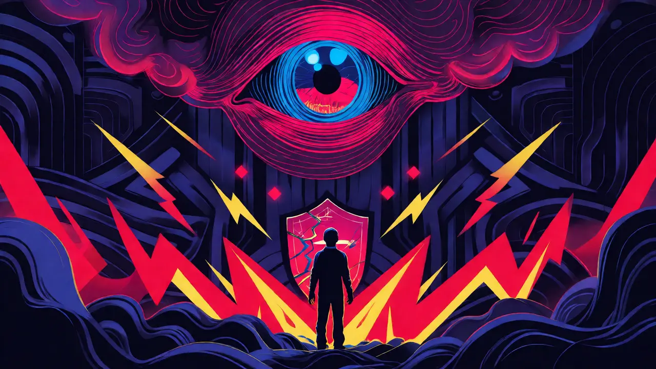 Ominous eye looming over a person holding a cracked digital shield amid red warnings