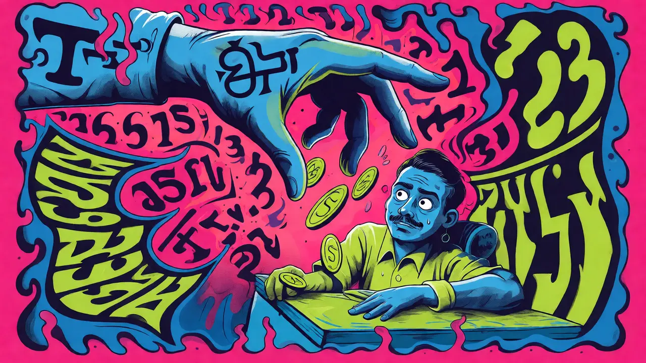 Psychedelic cartoon showing an Indian trader being squeezed by tax authorities.