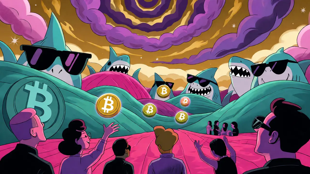 Sharks wearing sunglasses in a colorful carnival landscape with floating tokens
