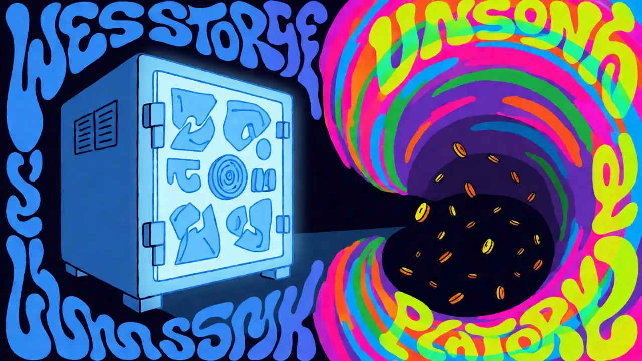 Split illustration comparing a secure vault against a chaotic, colorful void.
