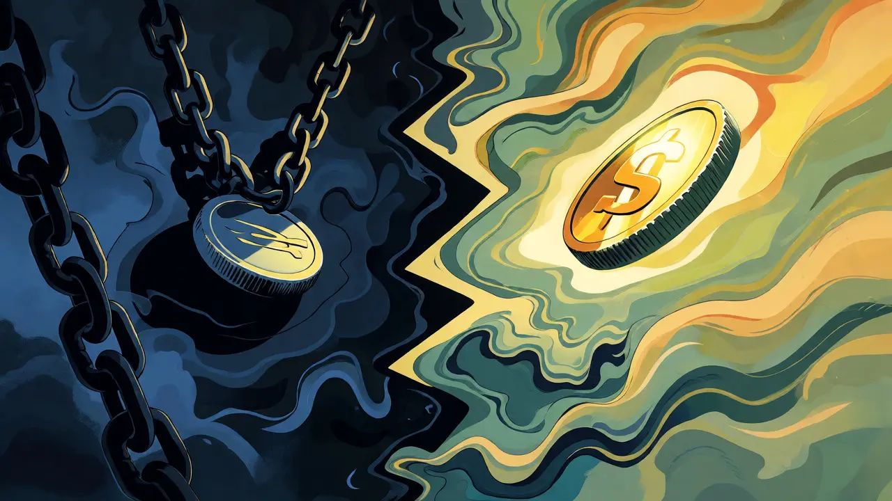 Split illustration contrasting chained coins with free golden coins