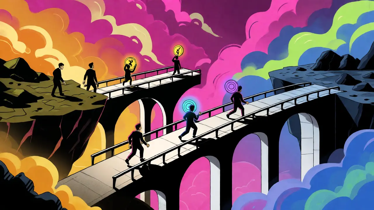 Stylized bridges connecting blockchain islands with traders carrying tokens