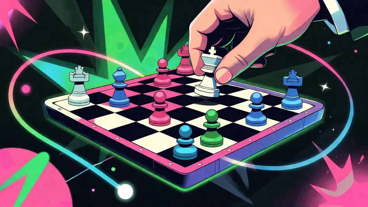 Stylized chessboard with crypto-themed pieces illustrating strategic relocation and market consolidation.