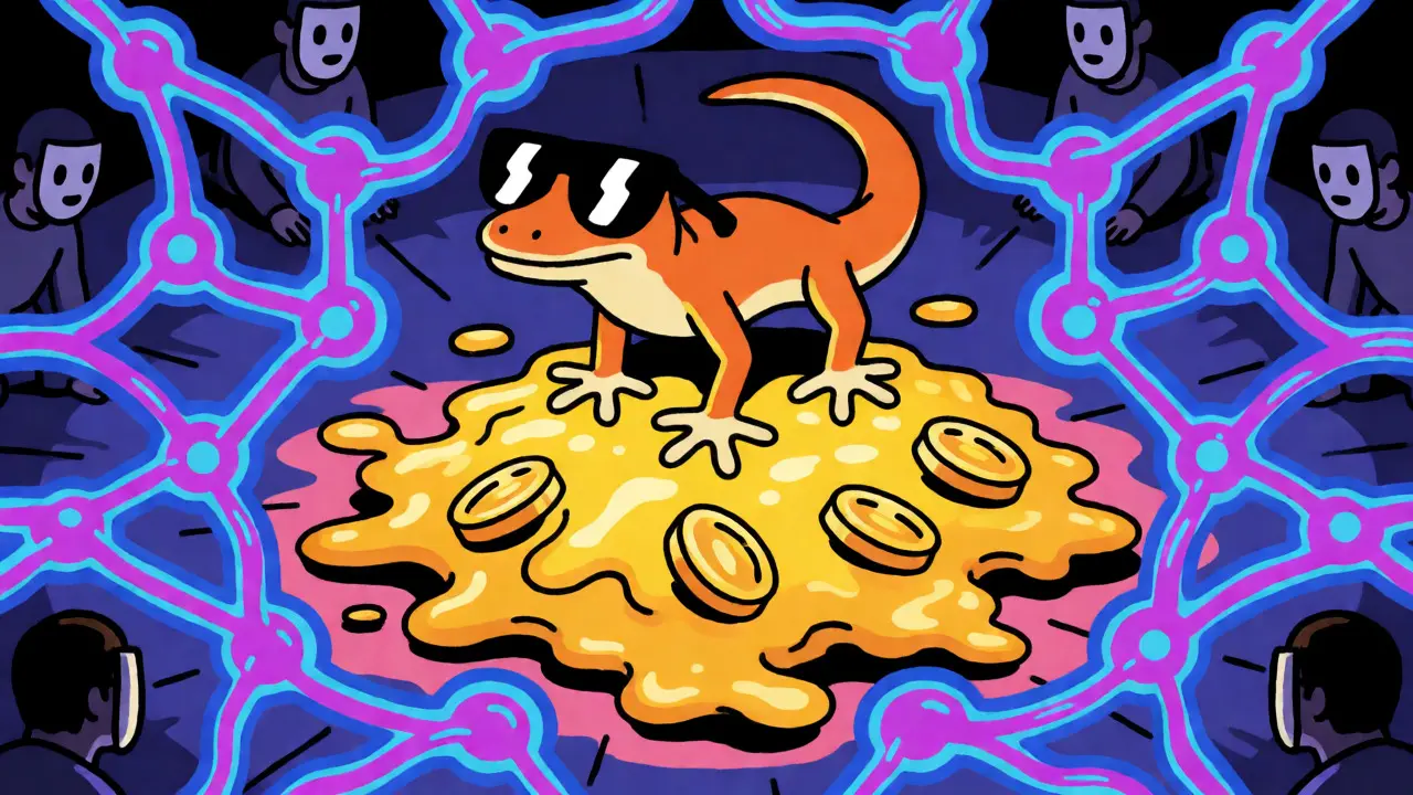 Stylized gecko on gold coins surrounded by abstract blockchain networks and shadowy figures.