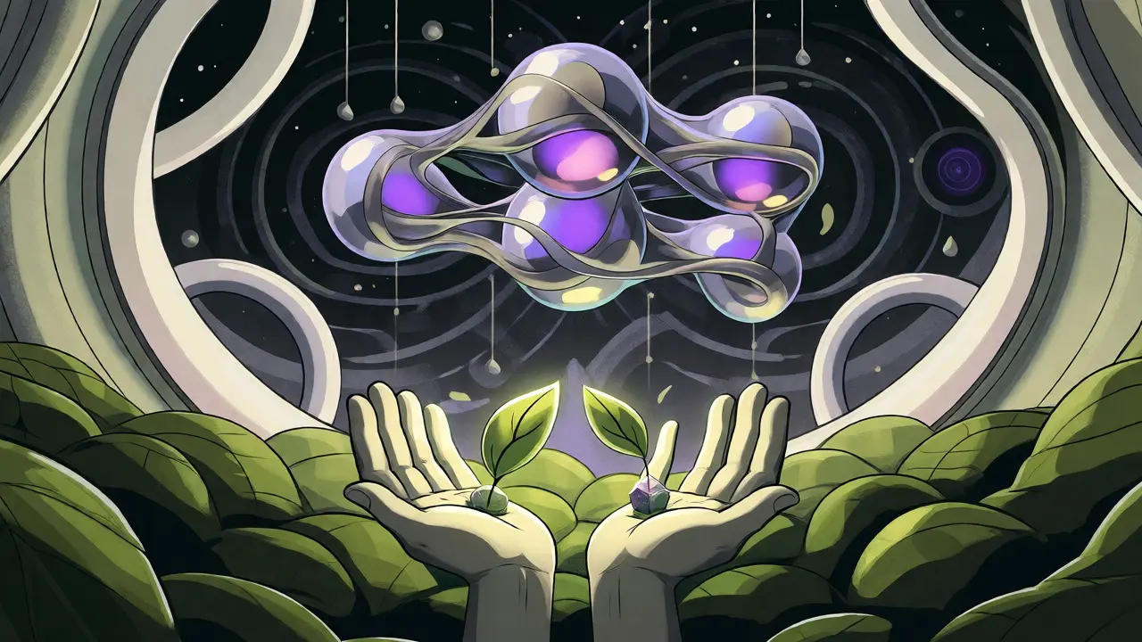 Stylized hands holding growing crystals representing yield farming rewards