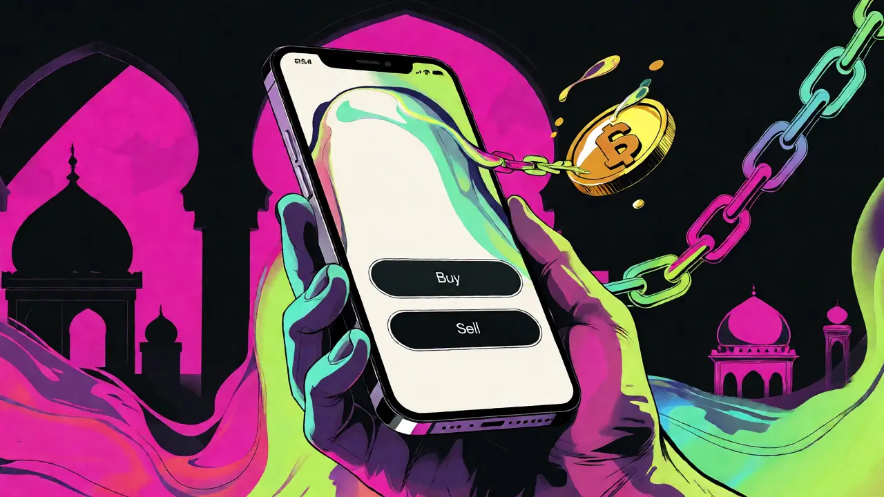 Stylized illustration of a smartphone trading app with Middle Eastern architectural elements.